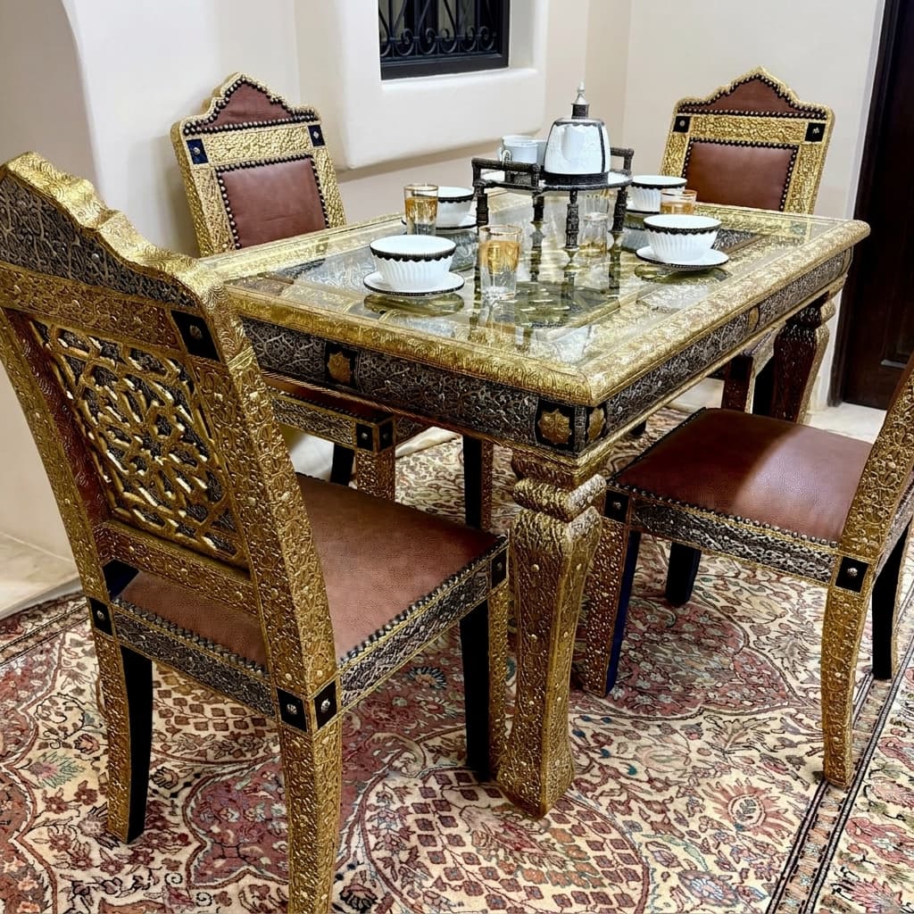 طاولة طعام مع 4 كراسي — نحاس عتيق وجلد
